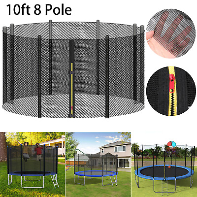 10FT 8 Poles Round Replacement Bounce Trampoline Safety Enclosure Net w Zipper $37.99