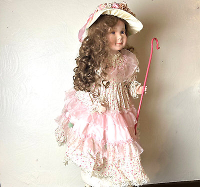 #ad Vintage Elaine Campbell Porcelain Girl Doll Brown Hair Purple Eyes Bo Peep Levi $89.99