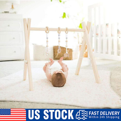 #ad Baby Wood Gym Wood Play Gym with 3 Wooden Baby Teething Toys Foldable Baby Play $19.99