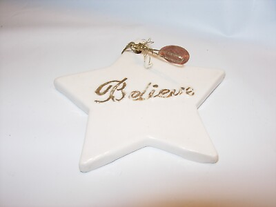 #ad #1 CHRISTMAS TREE ORNAMENT ceramic white gold believe star holiday decor 3 1 2quot; $4.99