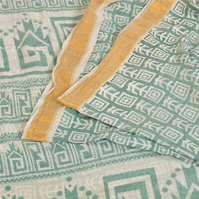 #ad Sanskriti Vintage Sarees Blue Geometric Printed Pure Cotton Sari Craft Fabric $26.27