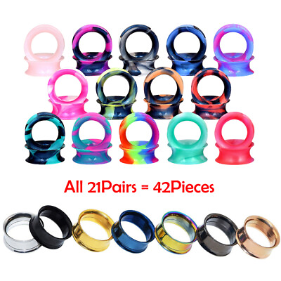 #ad 42Pcs lot Thin Silicone Ear Gauge Stainless Steel Tunnel Plug Piercing Expander $16.99