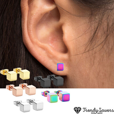 #ad Trendy Women Men Kids Elegant Cube Square Silver Stainless Steel Stud Earrings GBP 3.49