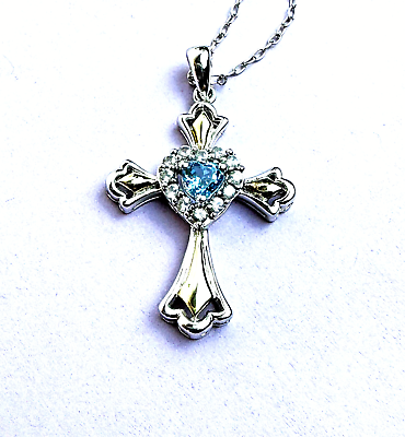 #ad GORGEOUS Blue amp; White TOPAZ 925 Silver amp; 12K GP CROSS on 18quot; Sterling Chain $48.95
