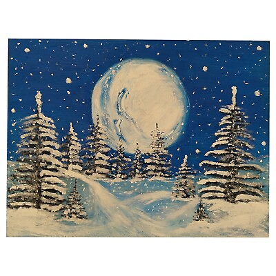 #ad Winter Forest Oil Painting Original Snowy Trees Winter Night Art $47.99