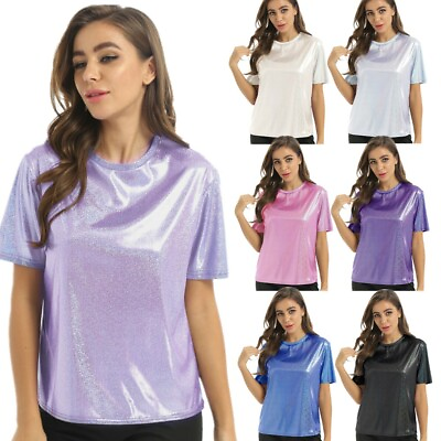 #ad Women#x27;s Shiny Metallic Holographic Short Sleeve T Shirt Tops Tee for Raves Party $12.59