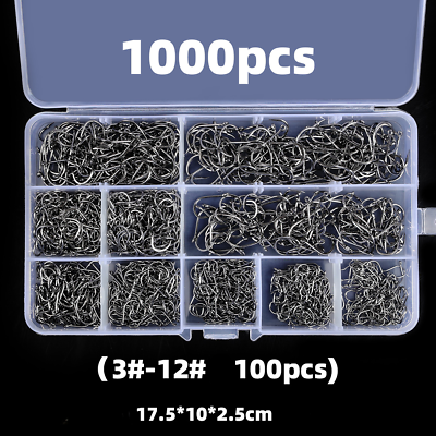#ad 100 1000pc Fish Hooks 10size Fishing Black Silver Sharpened With Box Quality Kit $2.14