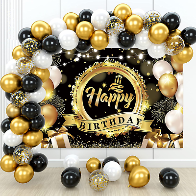 #ad Birthday Party Decorations for Women Men Happy Banner Black and Gold Backdrop $21.29