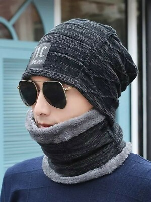 #ad nc Winter Beanie Hat Scarf Set Warm Knit Hat Thick Fleece Lined Winter M W. J10 $12.99