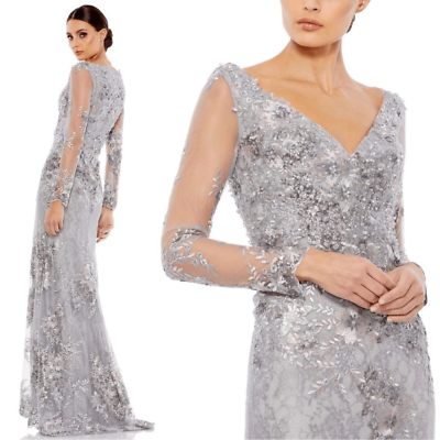 #ad Mac Duggal 67539 Embellished V Neck Illusion Long Sleeve Gown Platinum 16 $225.00