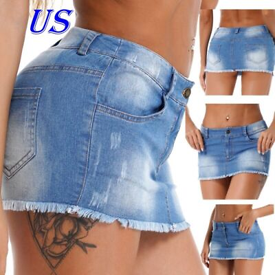 #ad US Sexy Womens Denim Mini Skirt High Waist Frayed Hem Bodycon A line Jean Skirts $14.24
