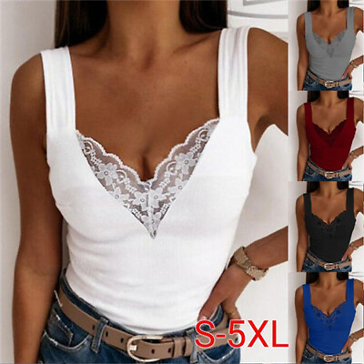 #ad Sexy Womens Lace V Neck Tank Top Ladies Sleeveless Casual Loose Vest T Shirt US $18.99