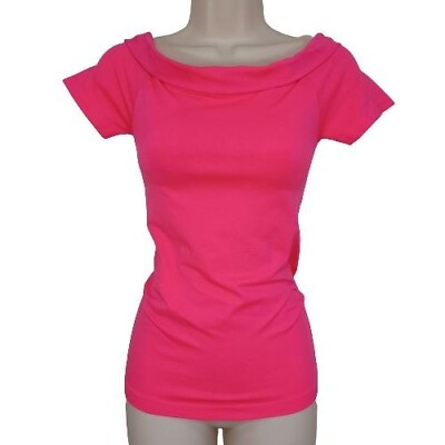 #ad Junior#x27;s Boat Neck Knit Top Spandex Short Sleeve Shoulder Off One Size Pink Colo $15.00