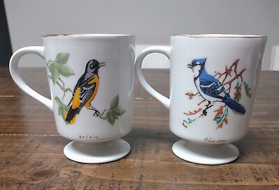 #ad Set Of Two Artisan Crafted Oriole And Blue Jay Footed Pedestal Mugs $10.00