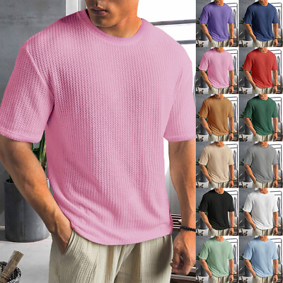 #ad Mens Solid Ribbed T Shirt Summer Short Sleeve Round Neck Casual Tops Tee $18.80