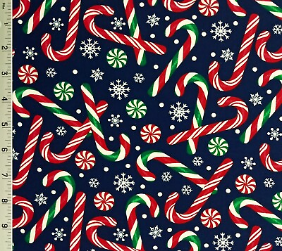 #ad Candy Cane Peppermint Snowflakes Navy Christmas Cotton Fabric Choose Size $5.10