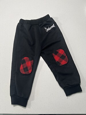 #ad Garment Toddler Size 3T Sweat Pants Black Fleece Little Man Print Red Plaid $3.75