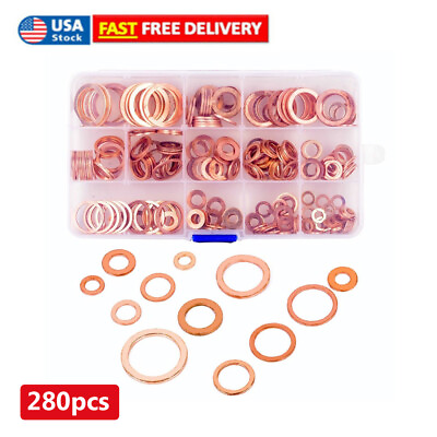 #ad US 280PCS 12 Sizes Solid Copper Crush Washers Assorted Seal Flat Ring Hardware $23.39