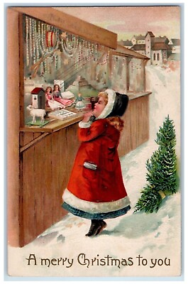 #ad c1910#x27;s Christmas Girl Santa Costume Doll Store Pine Tree Embossed Postcard $24.97