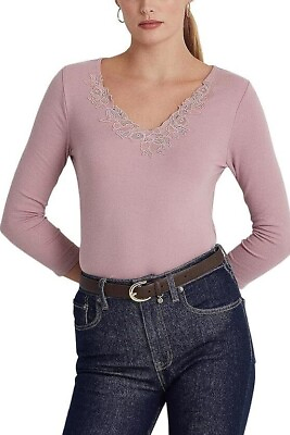 #ad Lauren Ralph Lauren Women#x27;s Purple Lace Trim Stretch Cotton Top Size Sm XL $26.60