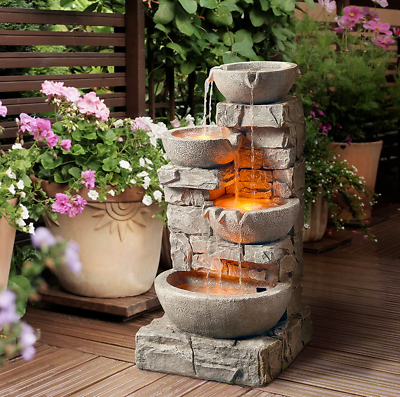 #ad Outdoor Water Fountain with LED Lights Patio Garden Faux Stone 4 Tier Waterfall $179.95