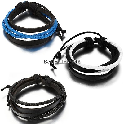 #ad Multi Layer Leather Rope Braided Surfer Strap Wrap Adjustable Bracelet Men Women $8.36