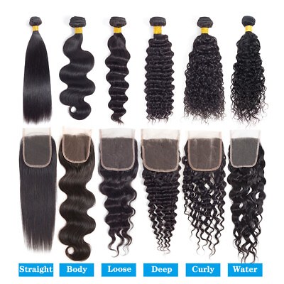 #ad Brazilian Human Hair Bundles with Closure 4*4 Lace Closure Remy Virgin Hair Weft $70.39