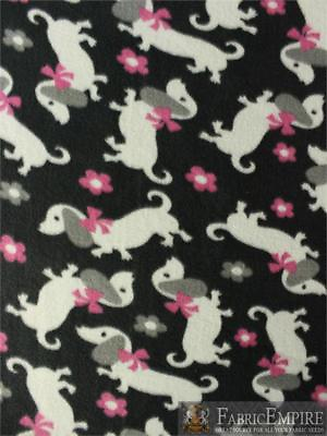 #ad Fleece Fabric Printed ANTI PILL DACHSHUND PUPPY FLORAL BLACK BACKGROUND 58w BTY $4.89