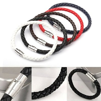 #ad Braided Leather Bracelet Magnetic Clasp Bangle Stainless Steel Men Women Jewelry C $1.48