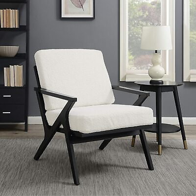 #ad Brand New Delacora Faux Sheepskin Wood Frame White Accent Chair $500 FLI16 $246.49