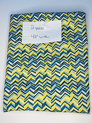 #ad Blue Yellow Aqua Cotton Fabric Cotton Zig Zag Print 2 Yards X 42” Wide $16.95