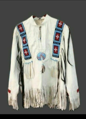 #ad Men Native American Western Buckskin White Leather Fringe Beaded Shirt Nl66 $112.21