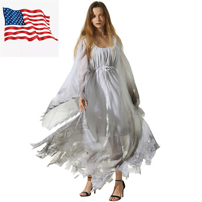 #ad Women Ghost Costume Gothic Victorian White Fancy Dress Halloween Party Outfit US $30.99