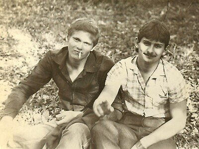#ad 1984 Two Young Handsome Guys Affectionate Men Sitting on Grass Gay Int Old Photo $18.50