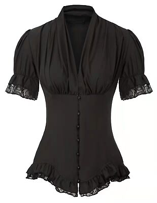 #ad Women Victorian Puff Sleeve Shirt Steampunk Gothic Lace Up Blouse T Shirt Tops $18.81