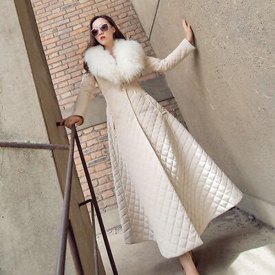 #ad Women Full Length Winter Cotton Padded Coat Plaid Warm Fur Collar Overcoat Parka $111.90