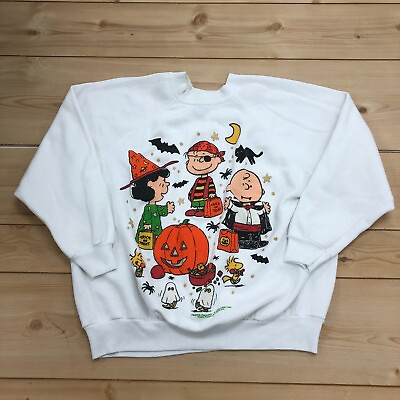 #ad Vintage Tultex White Peanuts Halloween Graphic Long Sleeve Sweater Adult Size XL $30.00