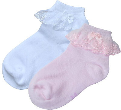 #ad 2 Pair BePe Baby Little Girl Toddler Baby Lace Ruffle Socks Pink or White $7.99