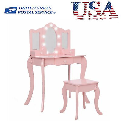 #ad Kids Vanity Set with Mirror and Stool with Mirrror and Drawer for Little Girls $100.99