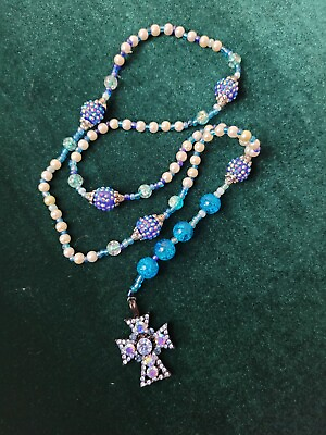 #ad Handmade Blue Beads amp; Pearl Rosary Rhinestone Cross Catholic Unique $19.51