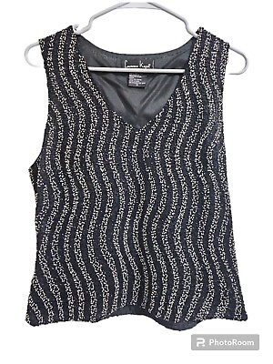 #ad Laurence Kazar Vintage Beaded Sleeveless Eveningwear Top Size XL Black Silver $23.00