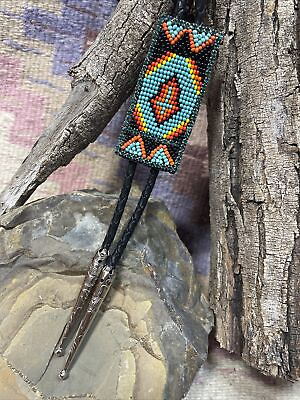 #ad Indian style hand beaded Bolo Tie Beadwork Turquoise Red Arrow LARIAT Mens Gift $36.00