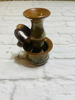 #ad Studio Pottery Chamber Candlestick Hand Thrown Brown Glaze Primitive 5 1 2” $14.60