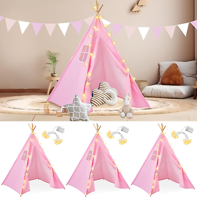 #ad Berlune 3 Set Teepee Tents for Kids Cotton Canvas Play Tents with 10ft LED $125.95