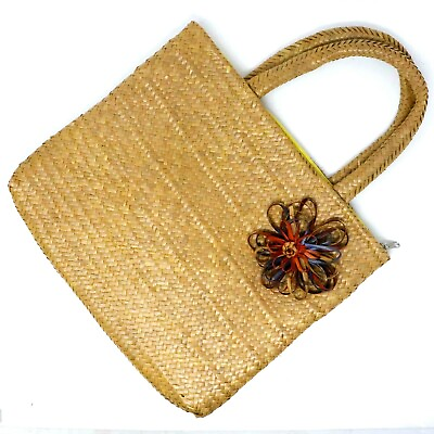 #ad Summer Straw Handbag Medium Flat Rectangle Zipper Flower Beach Satchel Tote Bag $10.02