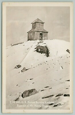 #ad Mount Hood Oregon US Forest Service Lookout on Mountain Snow Bank c1930 RPPC $9.00
