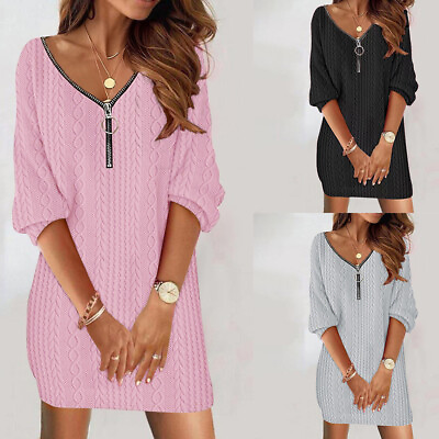 #ad Women#x27;s Zip V Neck Knit Jumper Mini Dress Long Sleeve Casual Baggy Party Dresses $18.99