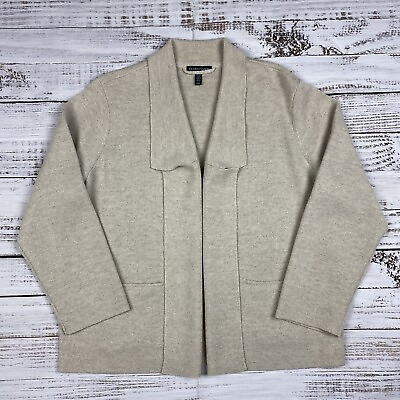 #ad Eileen Fisher Wool Open Front Cardigan Sweater Large Italian Yarn Beige Draped $59.99