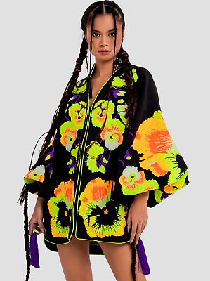 #ad Pansies ethnic embroidered black short bohemian dress vyshyvanka. All sizes $490.00