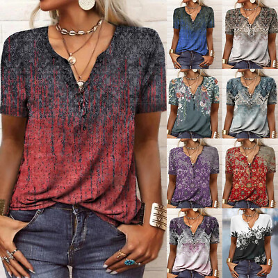#ad Women V Neck Button Boho Floral T Shirt Tops Short Sleeve Casual Loose Blouse US $14.25